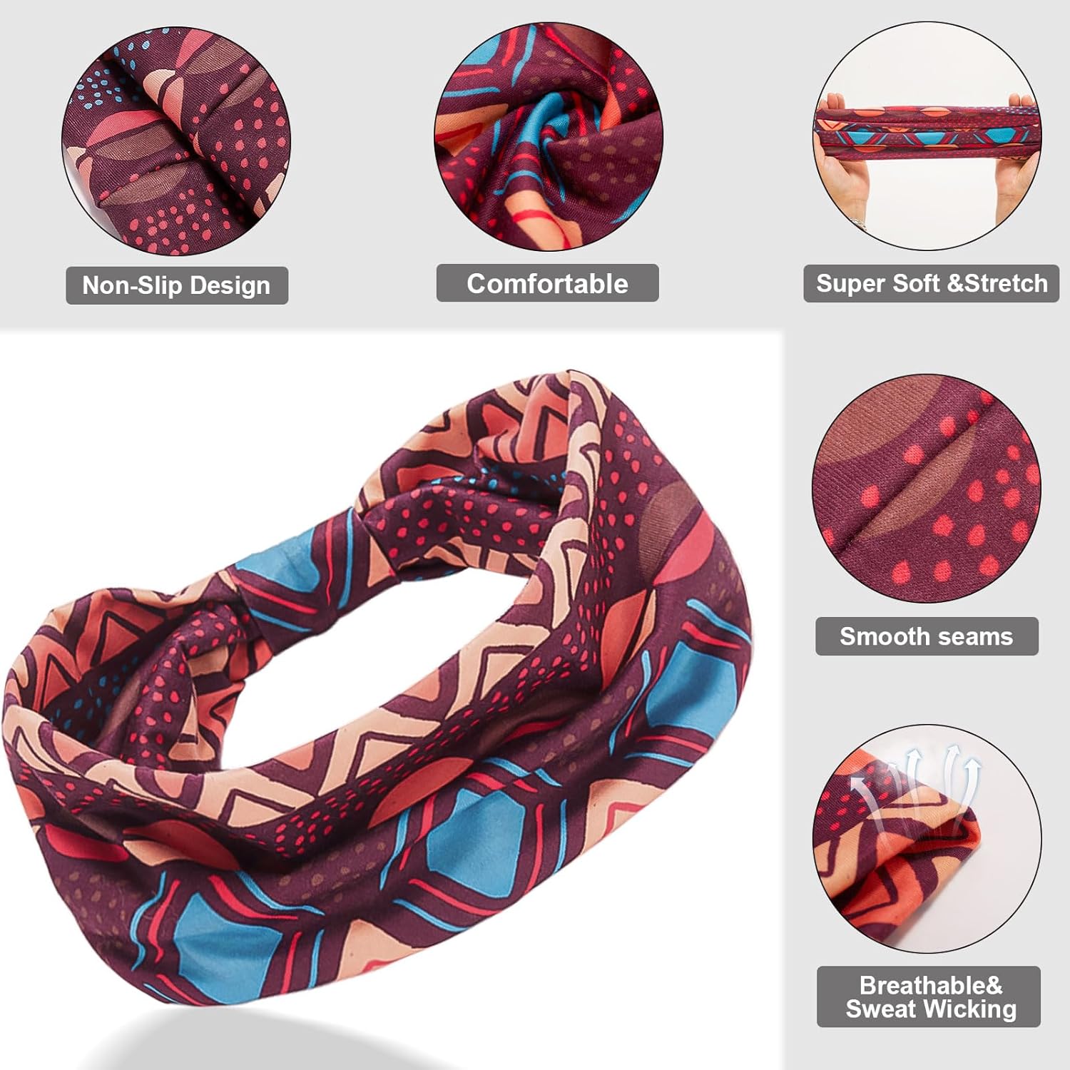 Cobahom 6Pcs Wide Headbands for Women Non Slip Soft Fabric Hair Wrap Boho Head Bands Elastic Sport Hair Bands for Workout Yoga Running (Geometric Elements) - Image 4