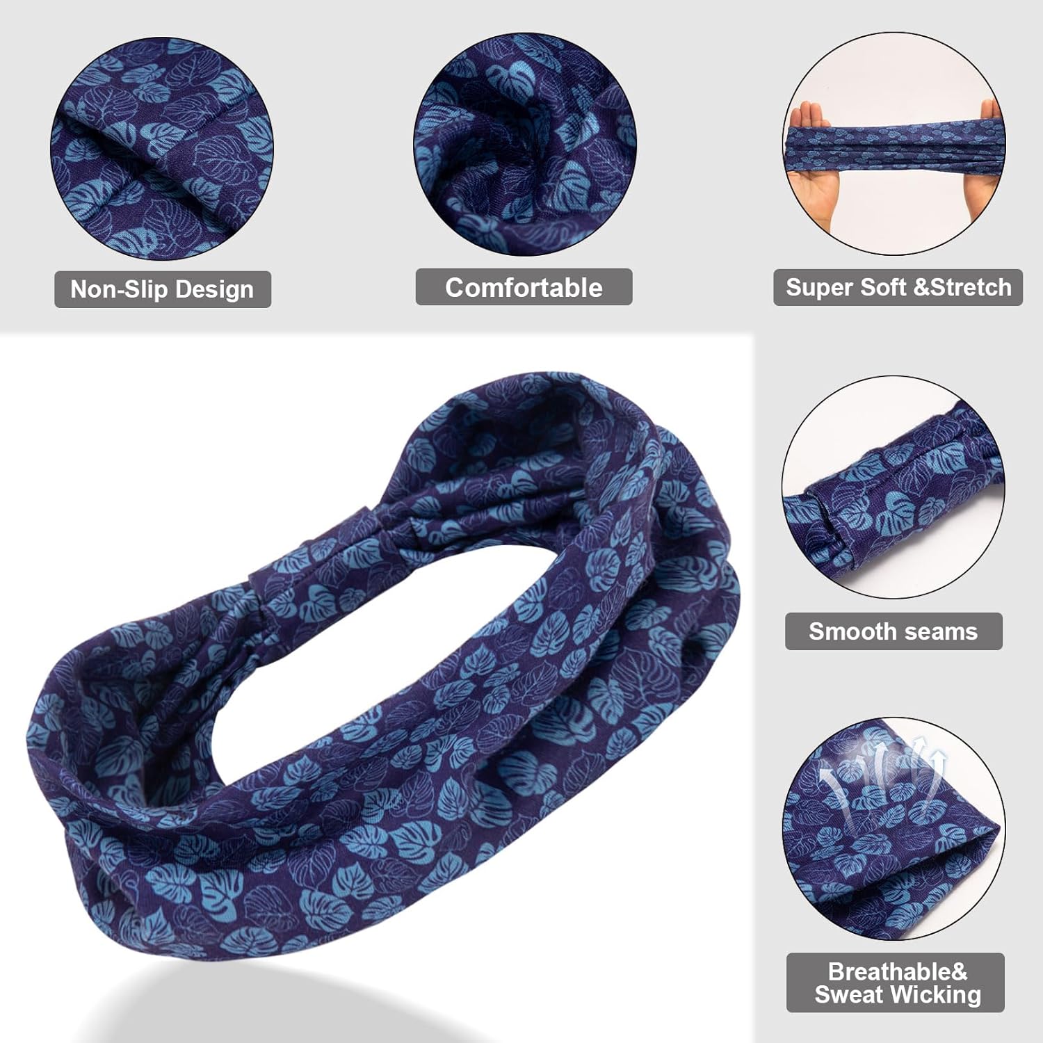 Cobahom 6Pcs Wide Headbands for Women Non Slip Soft Fabric Hair Wrap Boho Head Bands Elastic Sport Hair Bands for Workout Yoga Running (Leaf Pattern) - Image 4
