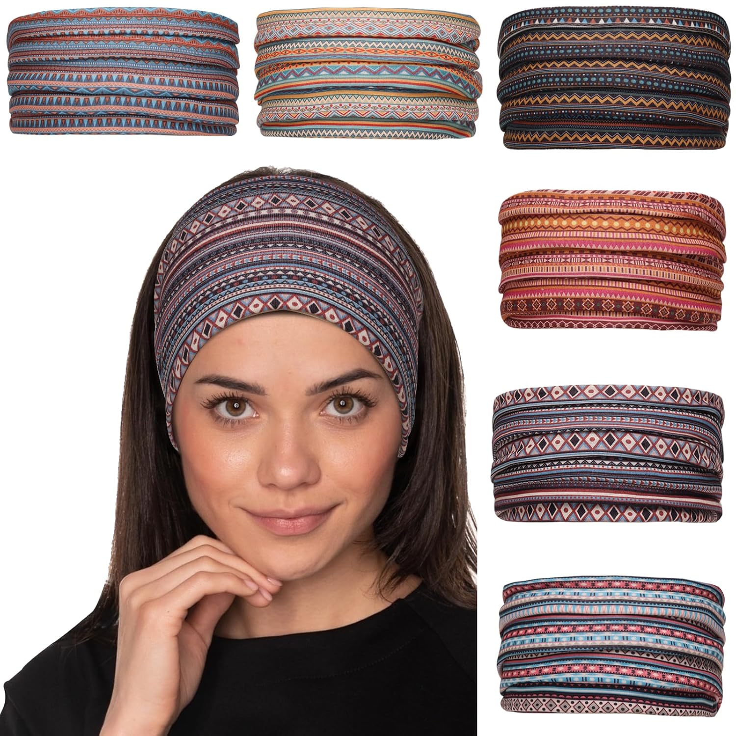 Cobahom 6 Pcs Wide Headbands for Women Non Slip Soft Fabric Hair Wrap Boho Head Bands Elastic Sport Hair Bands for Workout Yoga Running (Boho Stripe)