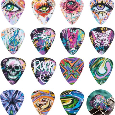 Cobahom 45pcs Guitar Picks Premium Celluloid Guitar Pick with Velvet Bag Thin Medium Heavy Thickness for Acoustic, Electric Guitar, Bass, 0.46mm, 0.71mm,1mm (Graffiti)