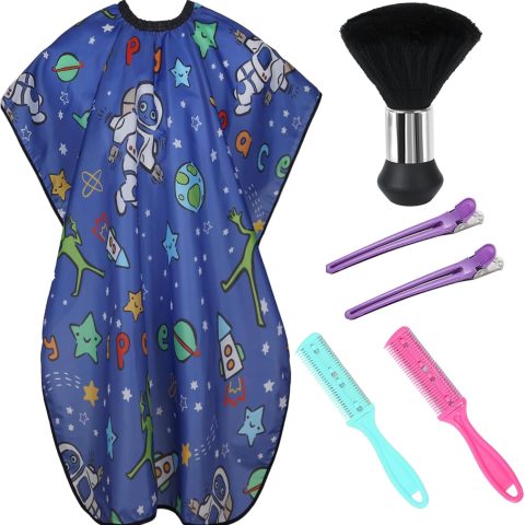 Cobahom Kids Hair Cutting Cape 47.3"×31.5'' Professional Barber Cape Child Cartoon Hairdresser Apron with Adjustable Closure, Clips, Double Edge Razor,Neck Duster Brush (Spaceman, Alien)