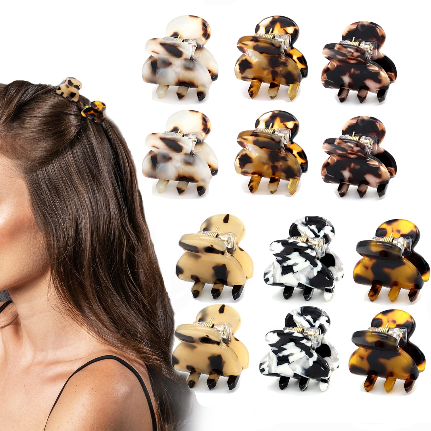 Cobahom Tortoise Shell and Leopard Acrylic Hair Clips for Women and Girls - 12 Pcs Mini Claws and Barrettes for Thin or Thick Hair
