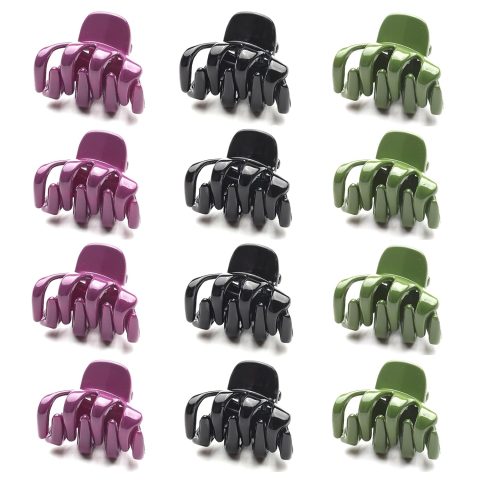 Cobahom 12 Pack Small Hair Claw Clips 1.2 Inch Plastic Hair Clips for Thin Hair No-Slip Mini Hair Clips Hair Styling Accessories for Women and Girls, Purple, Black and Green