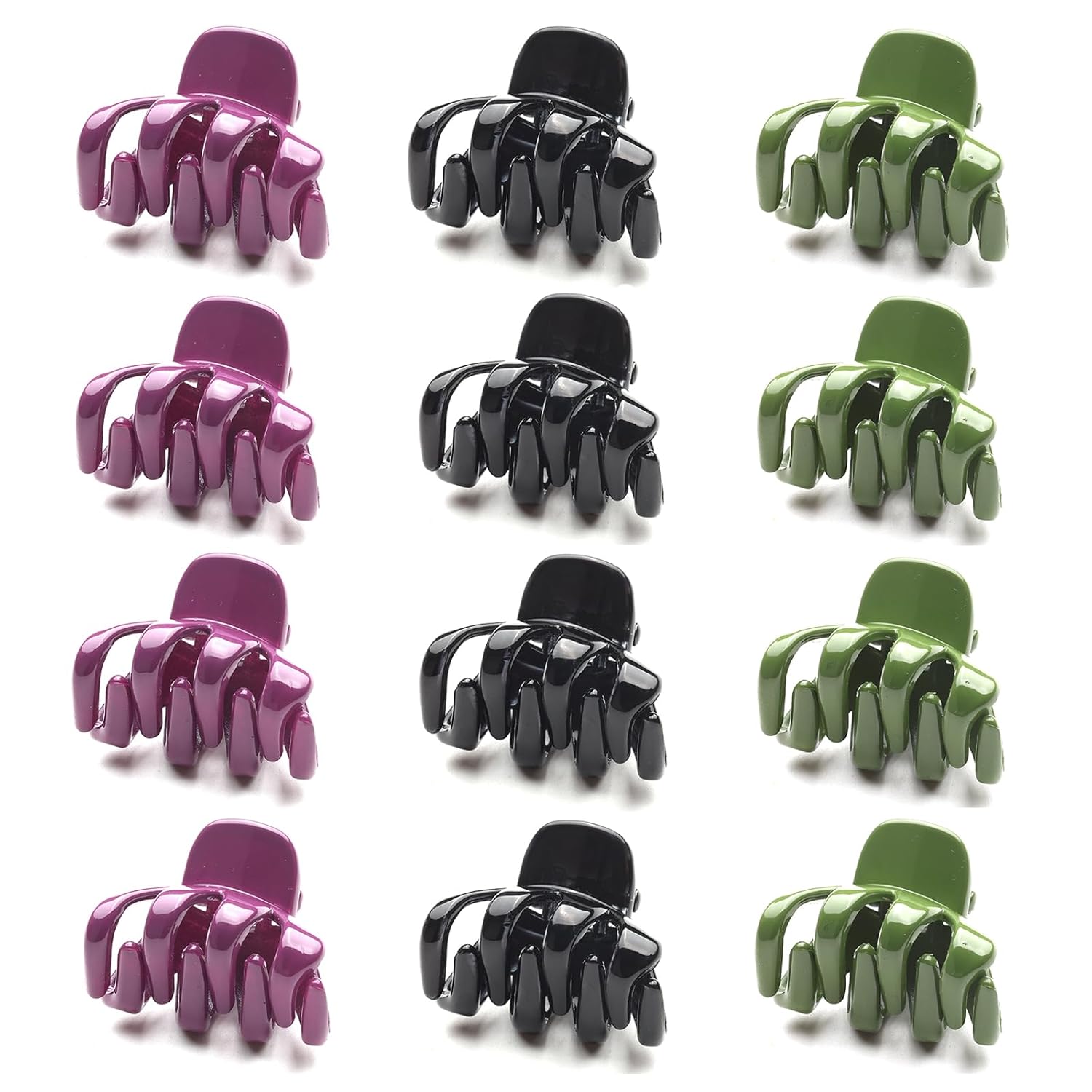 Cobahom 12 Pack Small Hair Claw Clips 1.2 Inch Plastic Hair Clips for Thin Hair No-Slip Mini Hair Clips Hair Styling Accessories for Women and Girls, Purple, Black and Green