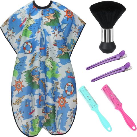 Cobahom Kids Hair Cutting Cape 47.3"×31.5'' Professional Barber Cape Child Cartoon Hairdresser Apron with Adjustable Closure, Clips, Double Edge Razor,Neck Duster Brush (Voyage)